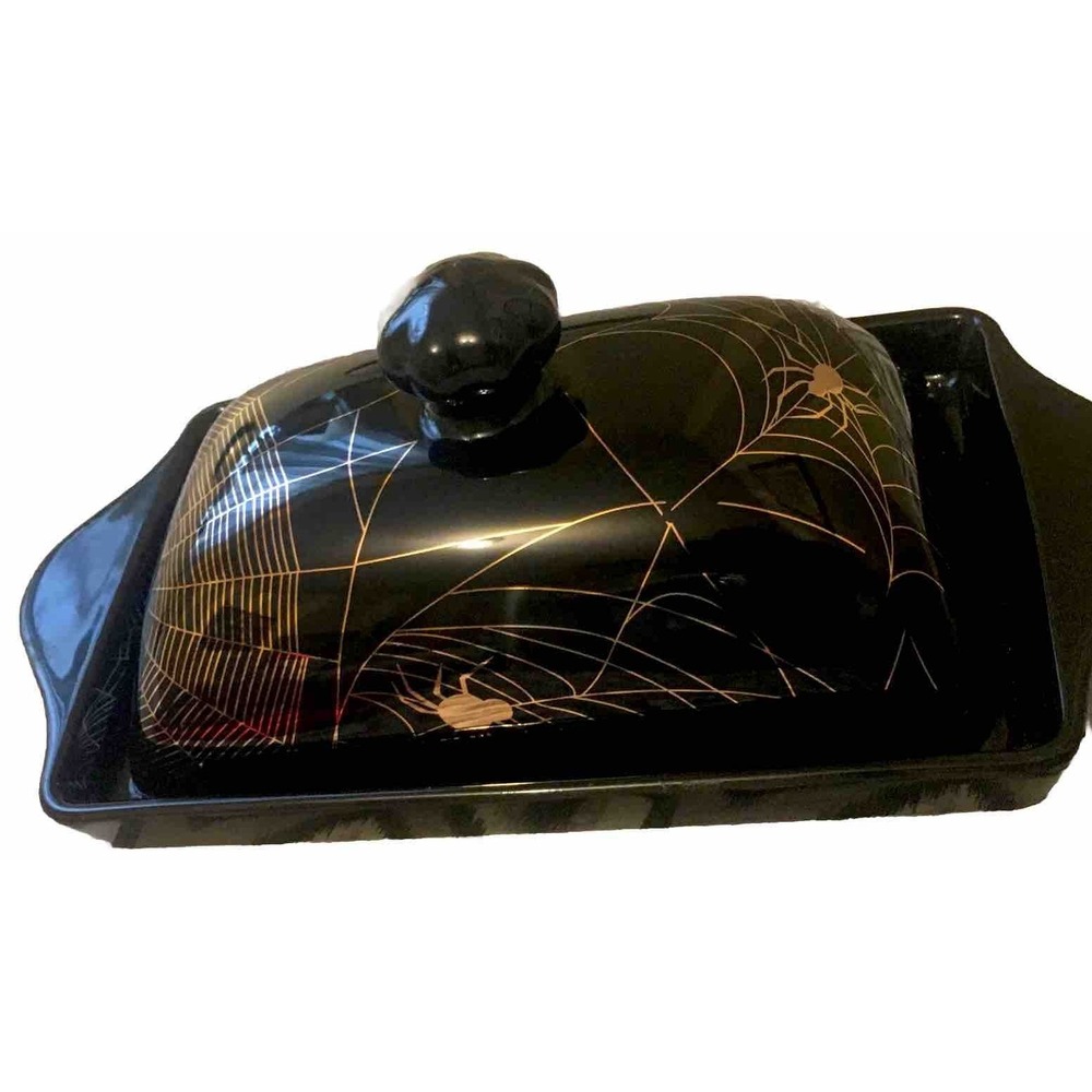 Park Chateau Spooky Ceramic Halloween Black Butter Dish With Gold Spiders & Webs